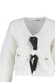 White Cable Knit Cardigan with Black Bow Tie Detail - Cozy Cropped Sweater