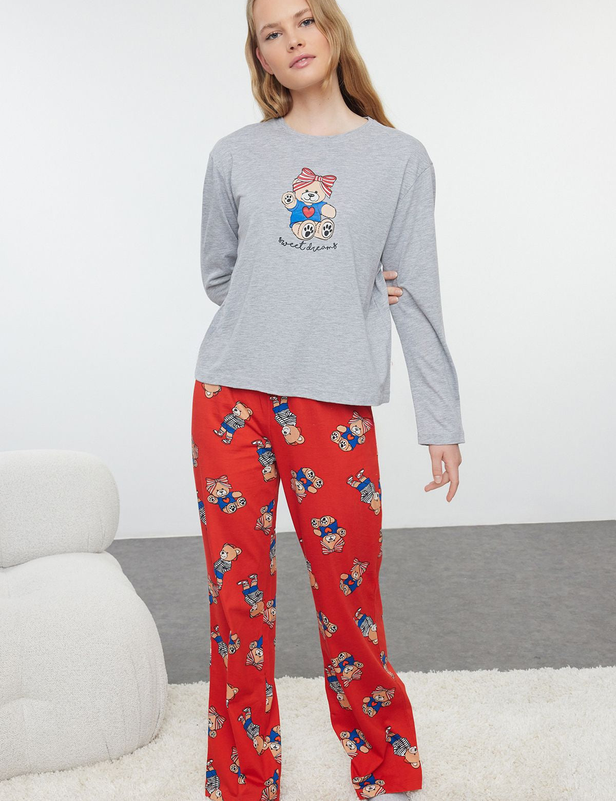 Women’s Bear Print Pajama Set – Grey Long-Sleeve Top with Red Printed Pants