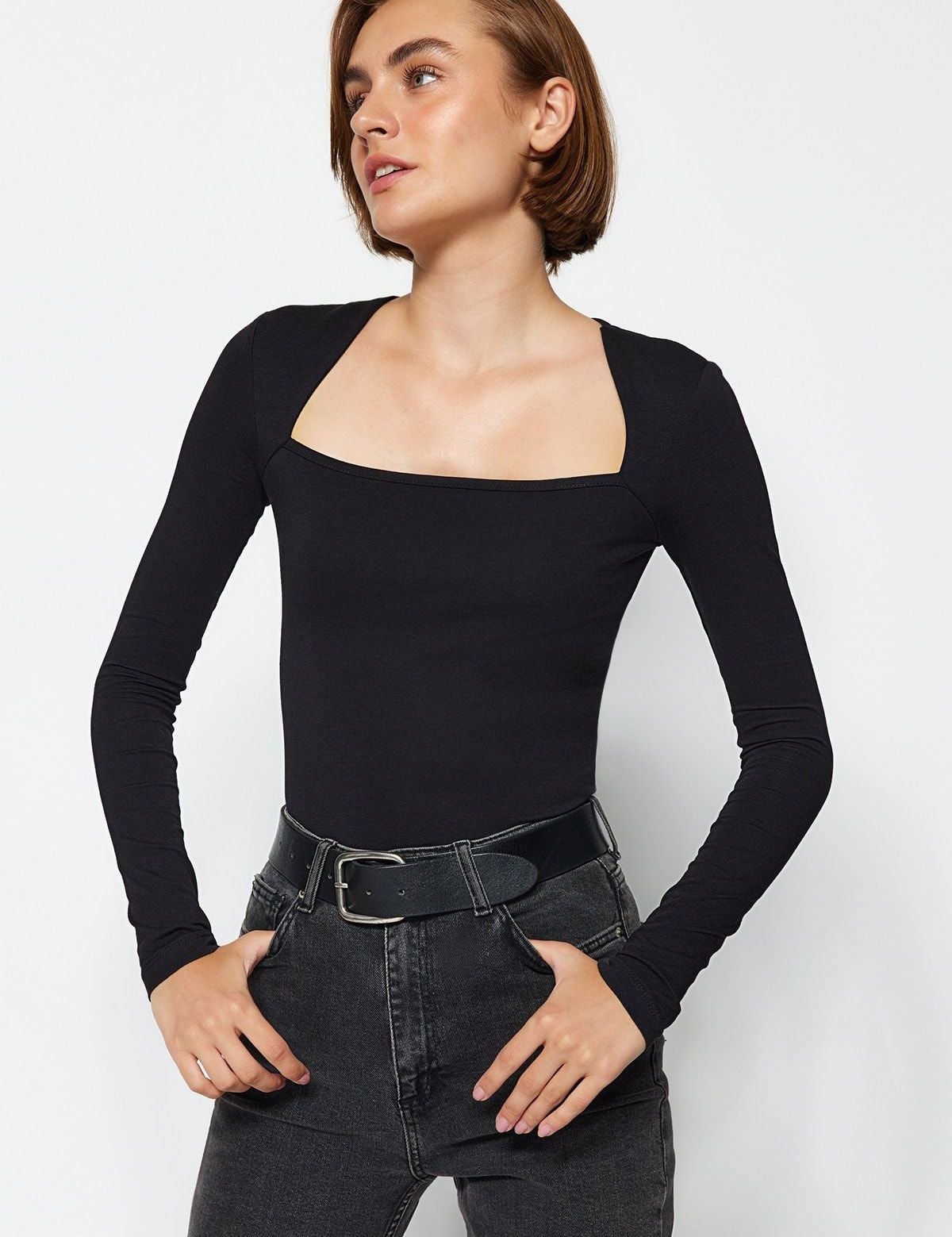 Black Square Neck Long Sleeve Top | Women’s Fitted Stylish Basic