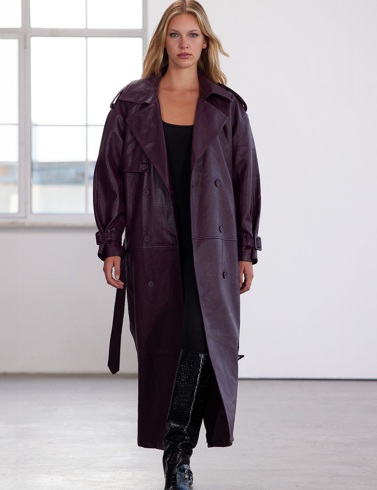 Plum Faux Leather Trench Coat - Oversized Long Double-Breasted Jacket