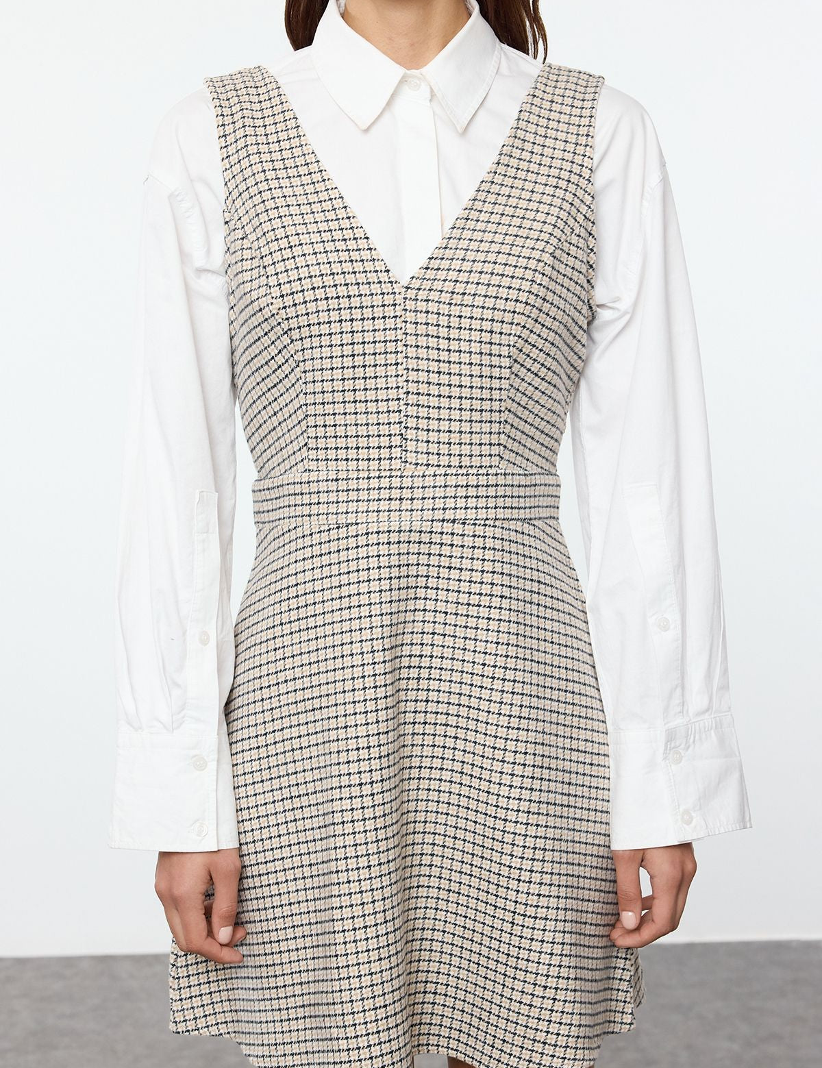 Classic Checkered Pinafore Dress with White Shirt Combo