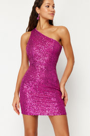 One-shoulder sequin mini dress, pink party dress, sparkly cocktail dress, women’s night-out dress, fuchsia bodycon evening dress