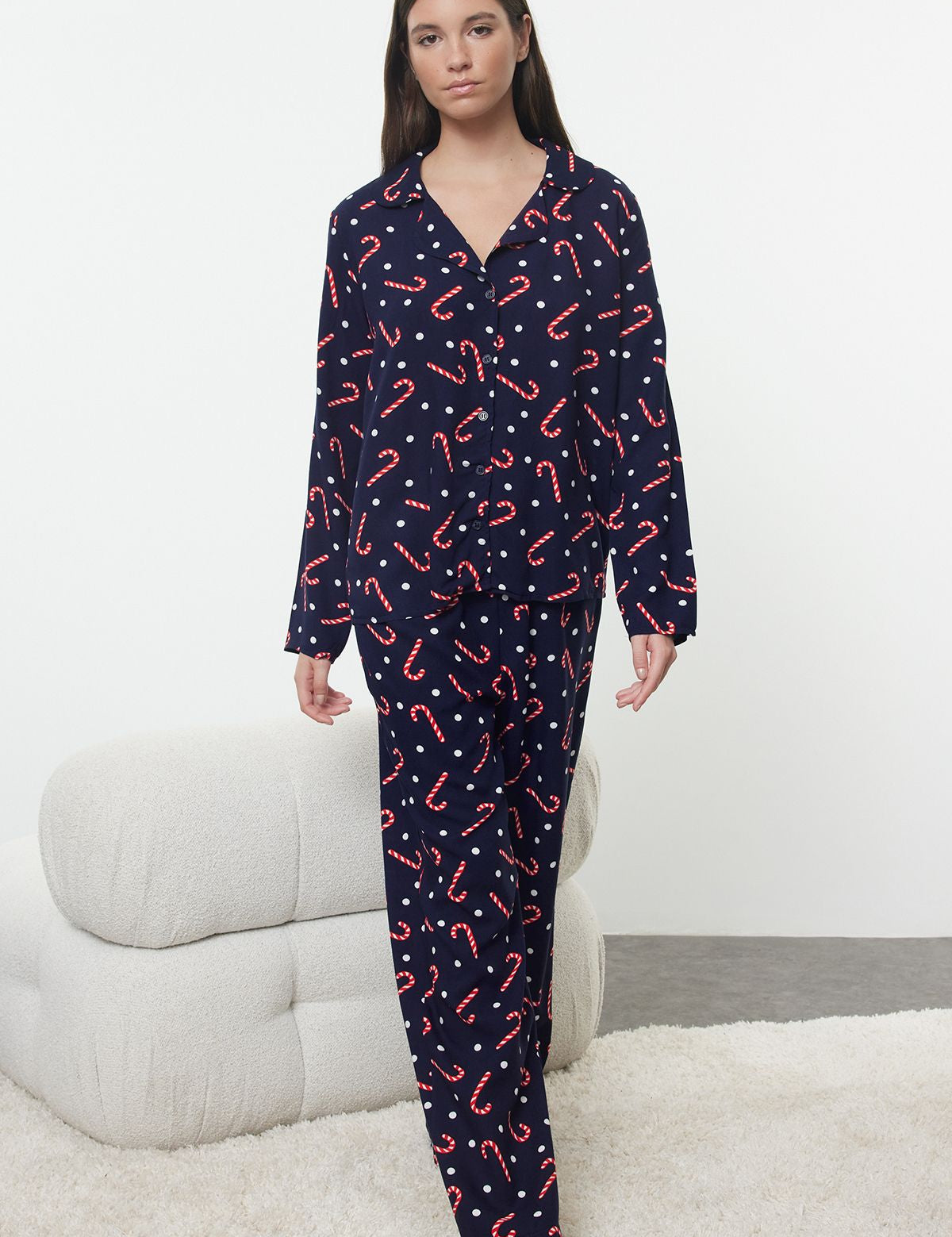 Women’s Candy Cane Print Holiday Pajama Set – Festive Navy Sleepwear