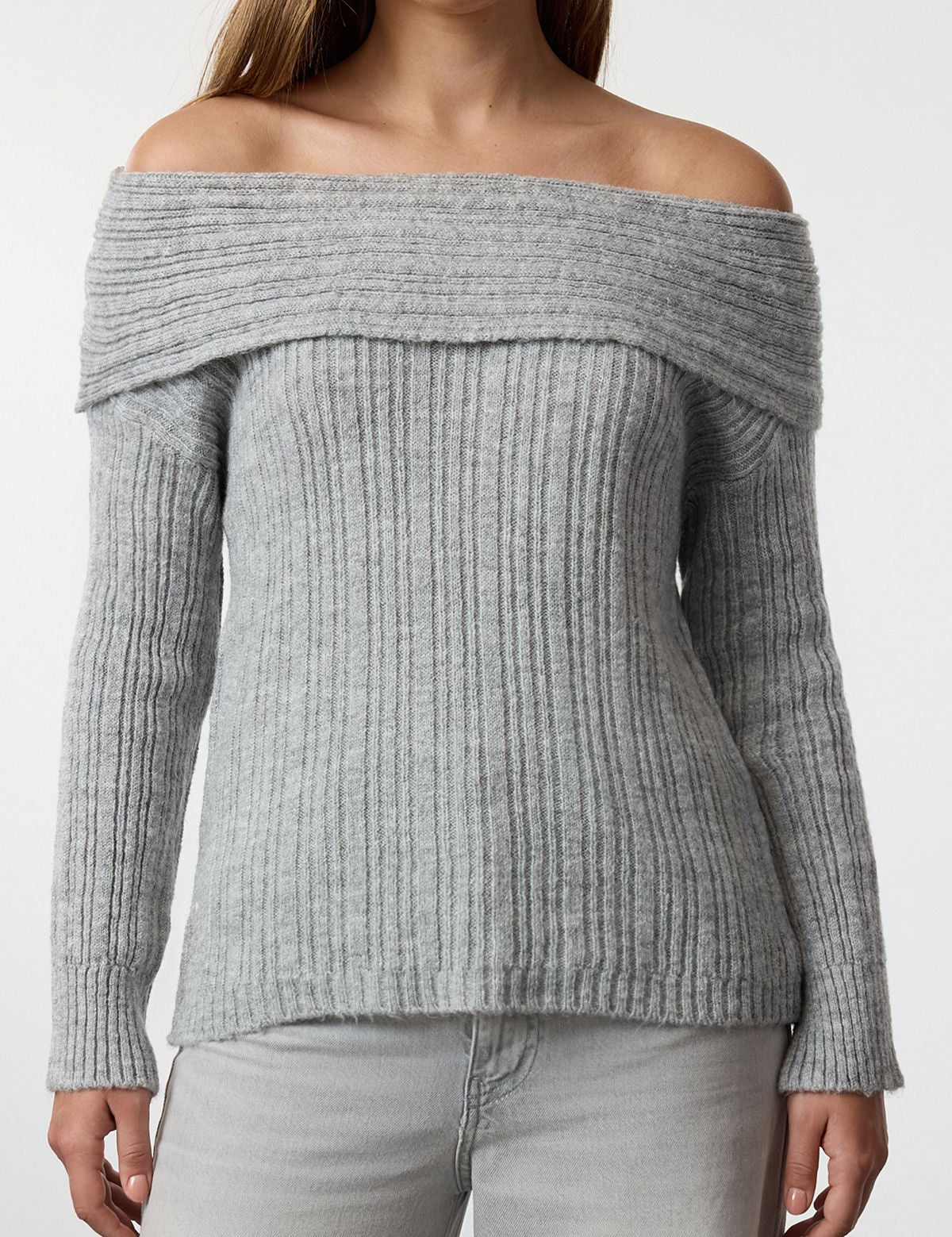 Women's Off-Shoulder Grey Ribbed Sweater - Chic and Cozy Knitwear