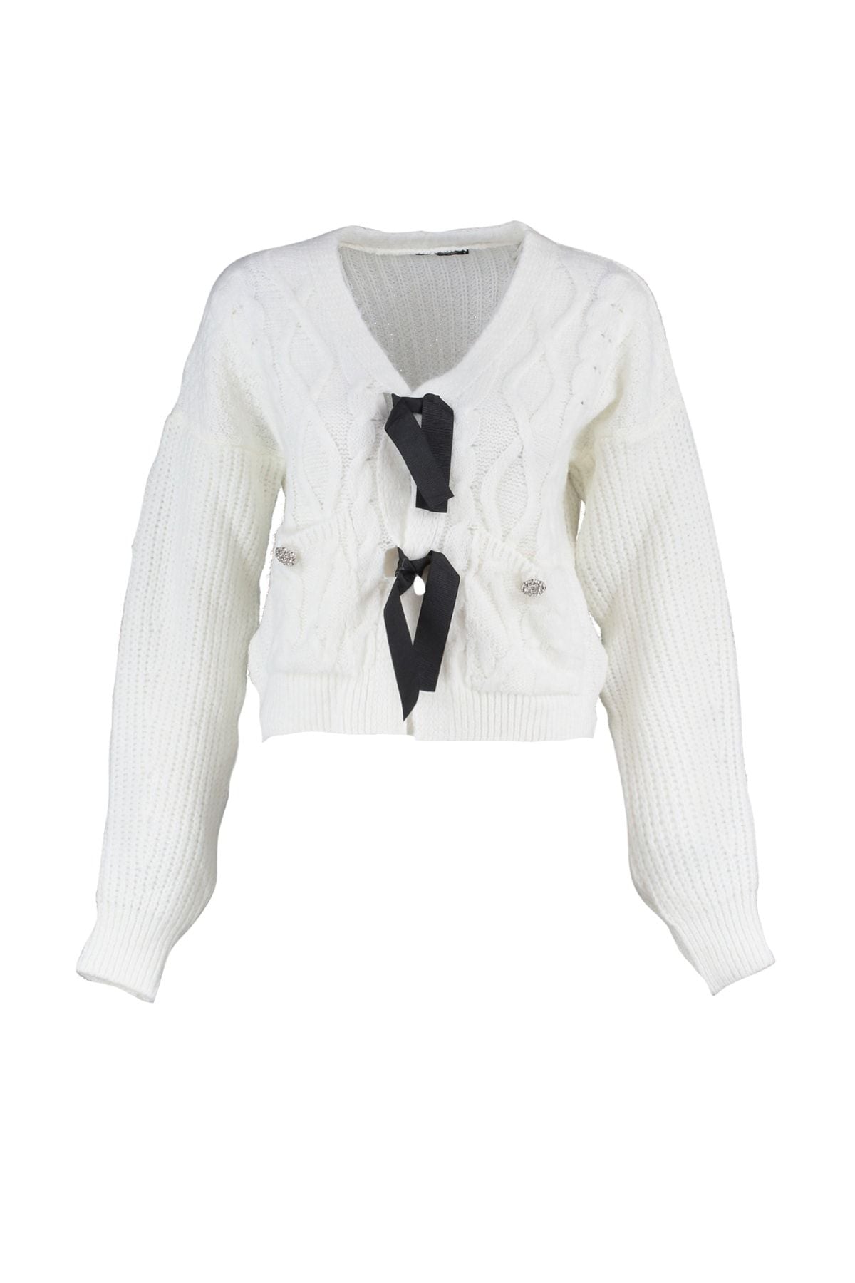 White Cable Knit Cardigan with Black Bow Tie Detail - Cozy Cropped Sweater