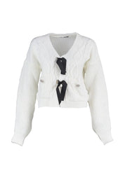 White Cable Knit Cardigan with Black Bow Tie Detail - Cozy Cropped Sweater