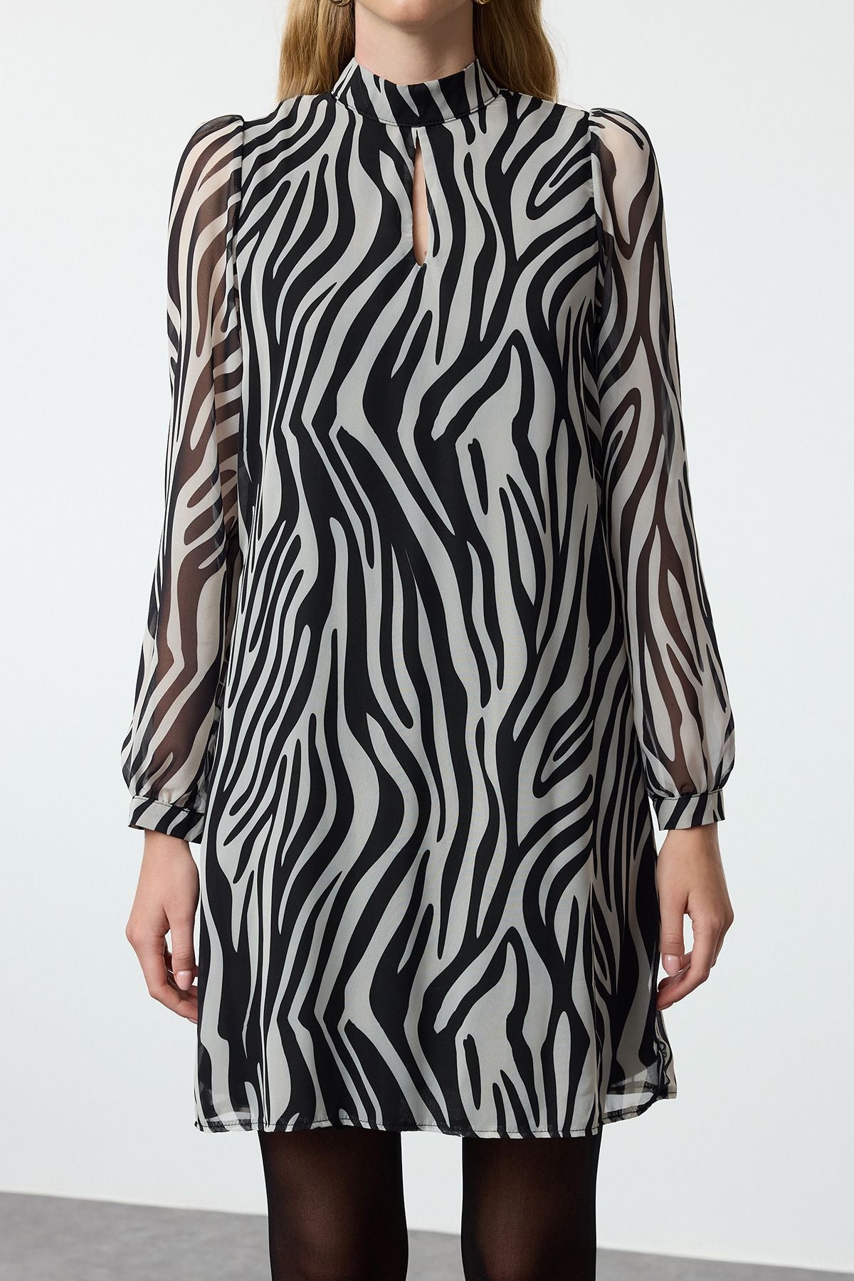 Zebra Print Long Sleeve Shift Dress | Women’s Animal Print High Neck Dress