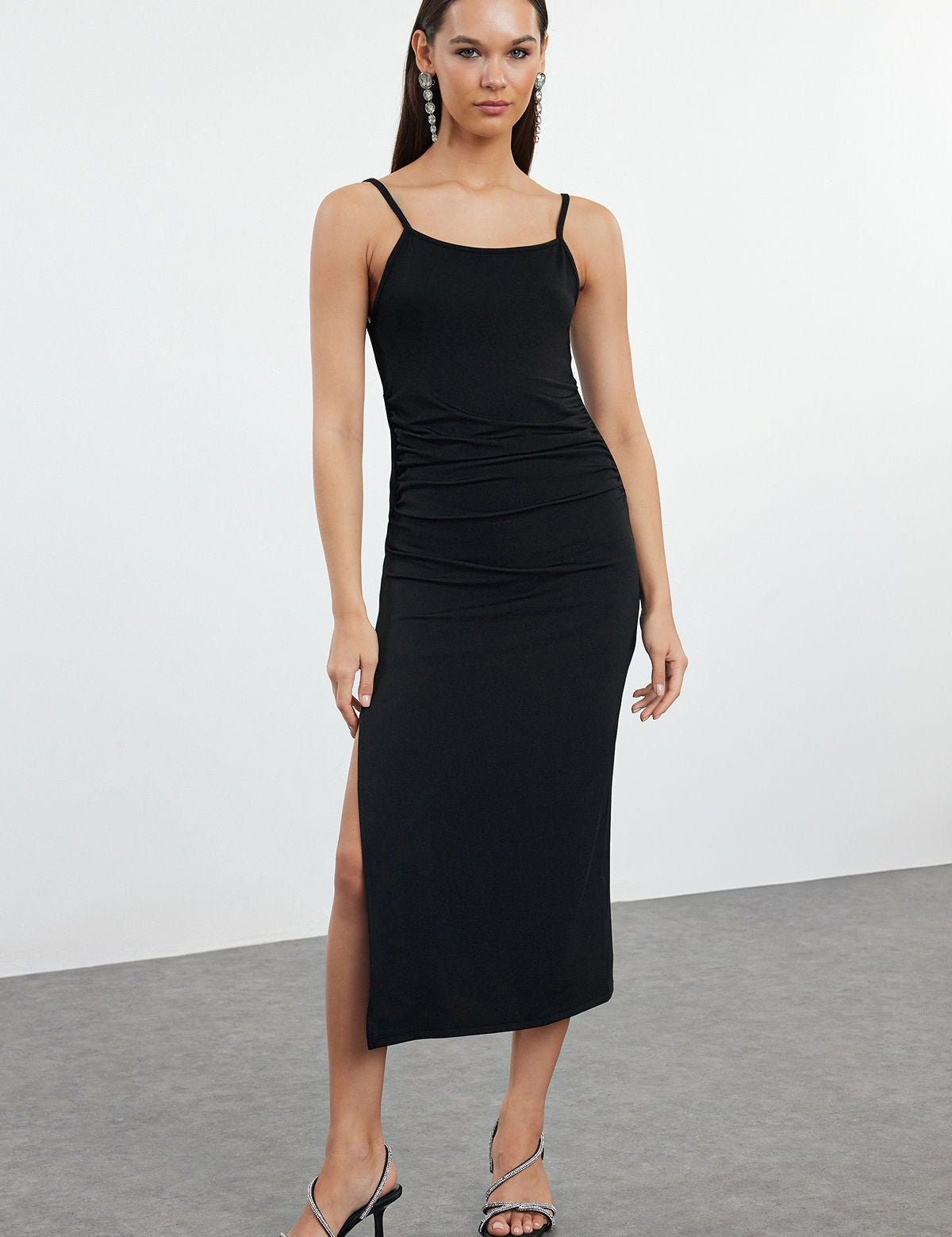 Backless Black Slip Dress with Twist Detail - Elegant Evening Midi Dress