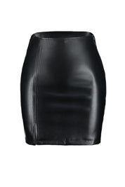 Sleek Black Faux Leather Mini Skirt with Front Slit – Perfect for Day or Night