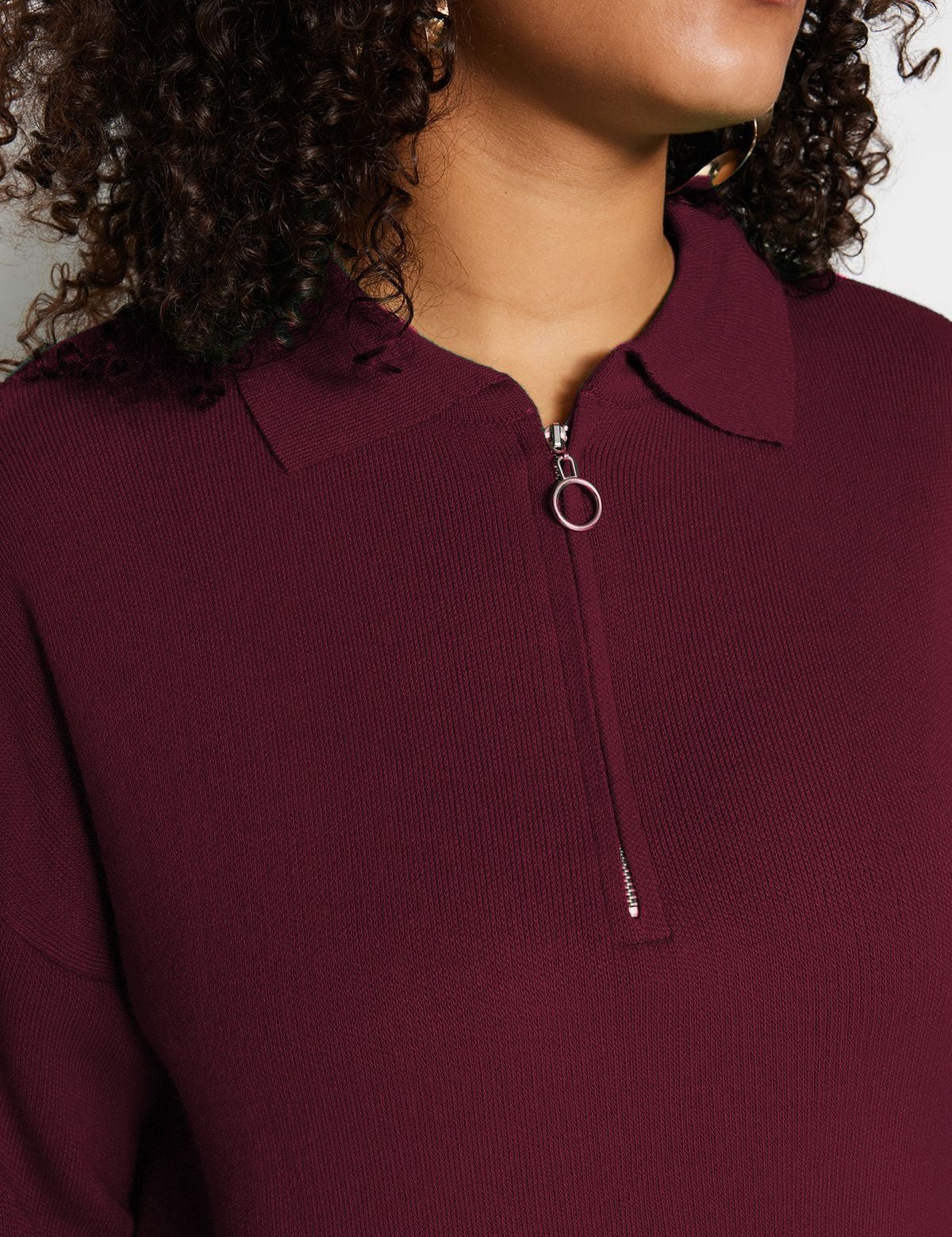 Women’s burgundy half-zip sweater with a relaxed fit and stylish drop shoulders.”

Burgundy Sweater, Half-Zip Knitwear, Cozy Women’s Top, Casual Pullover, Fall Fashion.

Women’s Tops > Sweaters > Casual Knitwear.