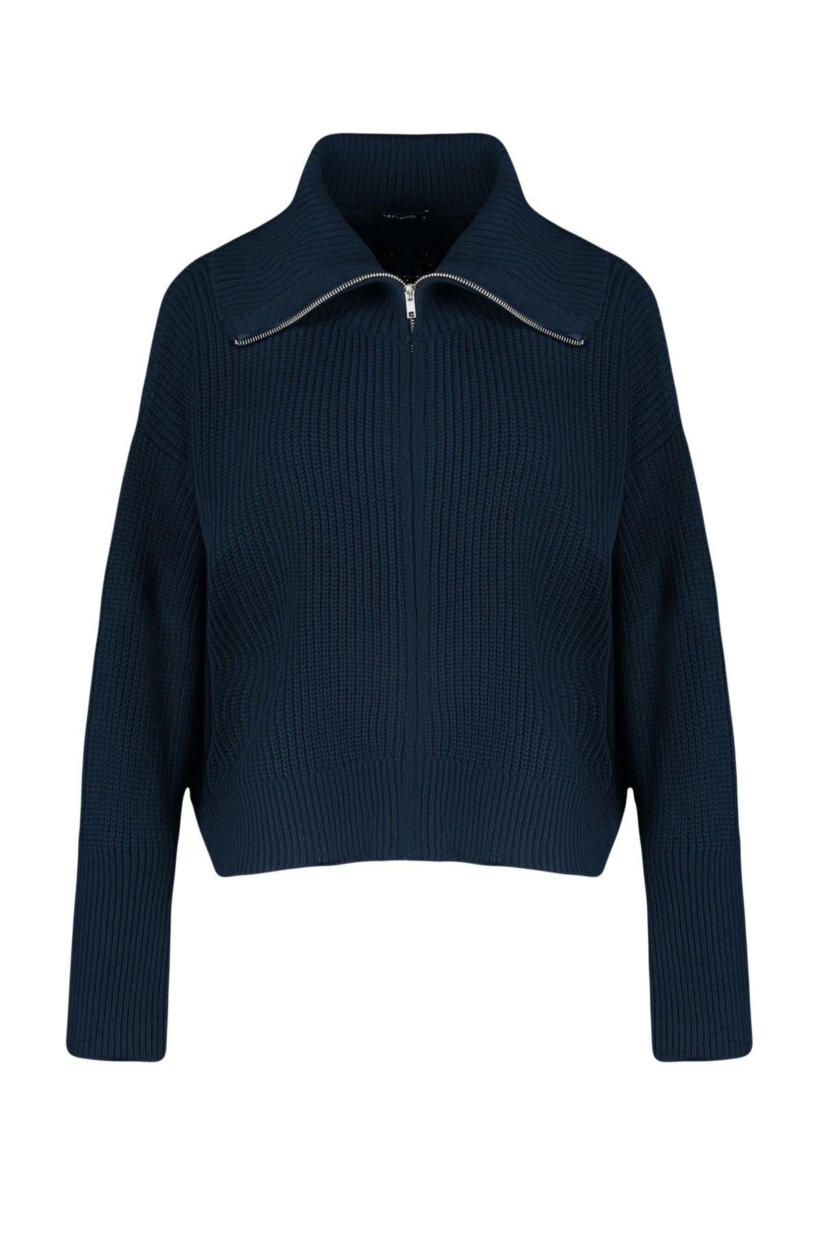 Cozy Navy Ribbed Knit Zip-Up Sweater - Perfect for Casual and Layered Looks