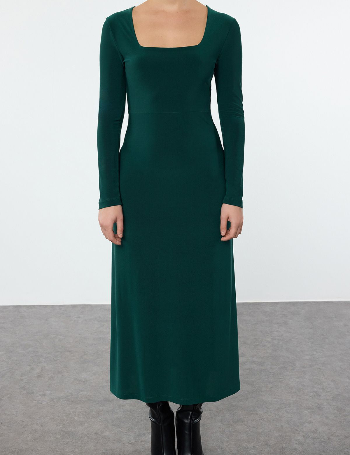 Square Neck Long Sleeve Midi Dress - Emerald Green Elegant Evening Dress