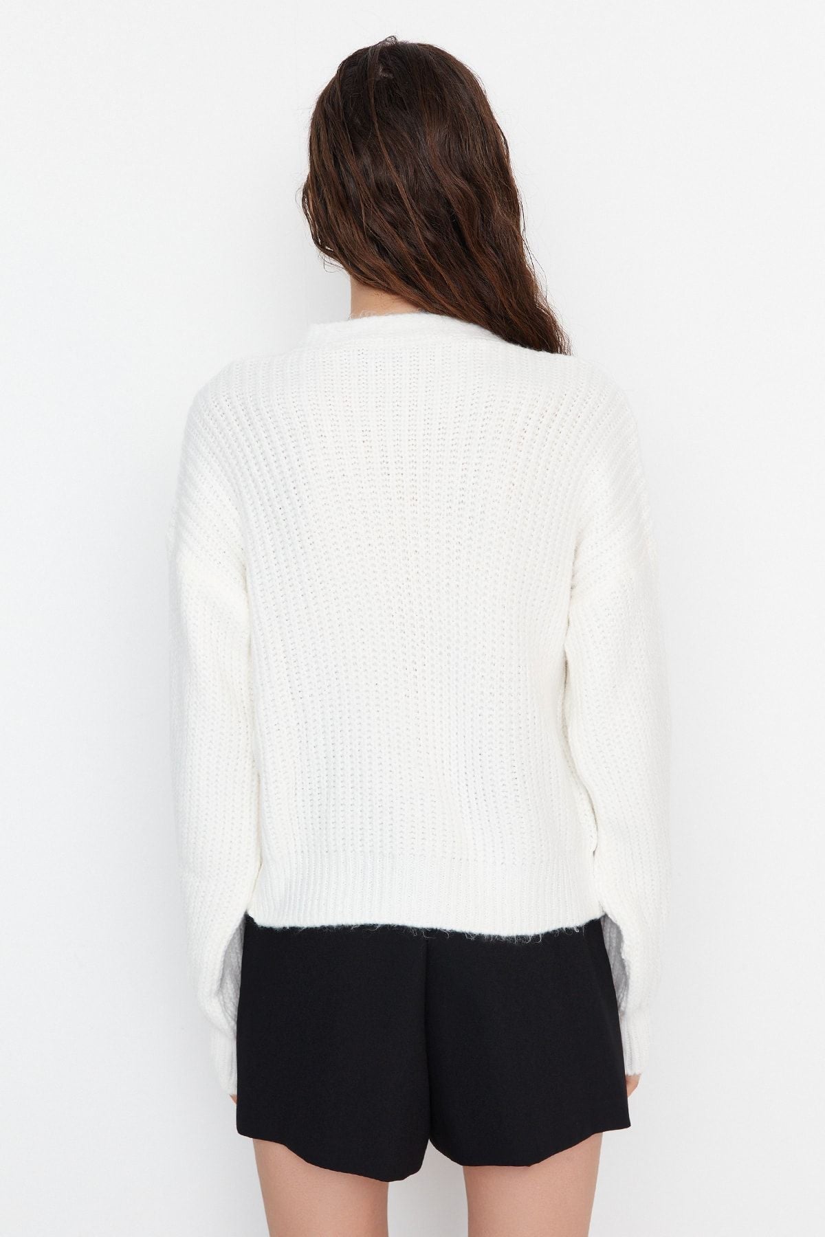 White Cable Knit Cardigan with Black Bow Tie Detail - Cozy Cropped Sweater