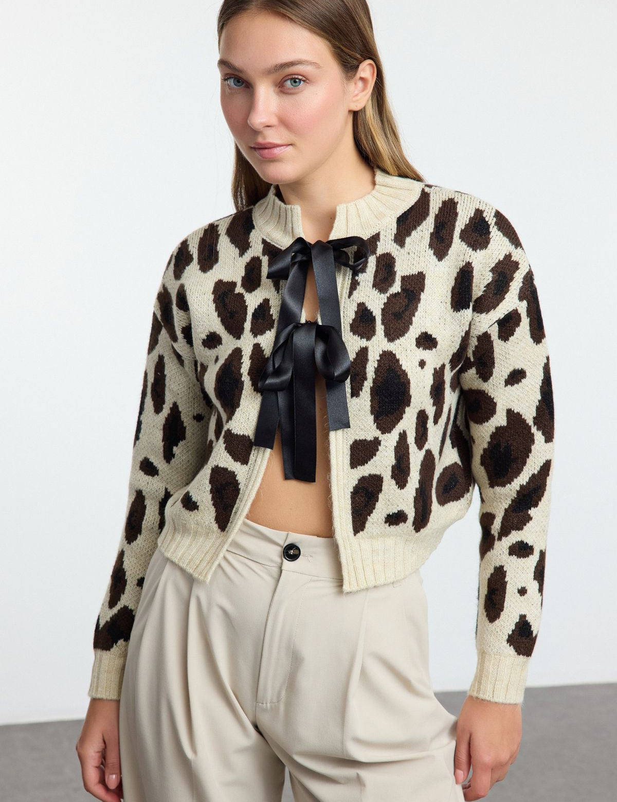 Chic Leopard Print Cardigan with Satin Ribbon Tie - Women’s Statement Knitwea