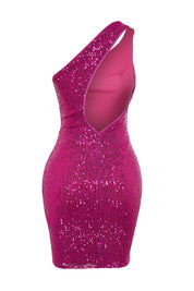 Fuchsia One-Shoulder Sequin Mini Dress - Sparkly Party Dress for Women