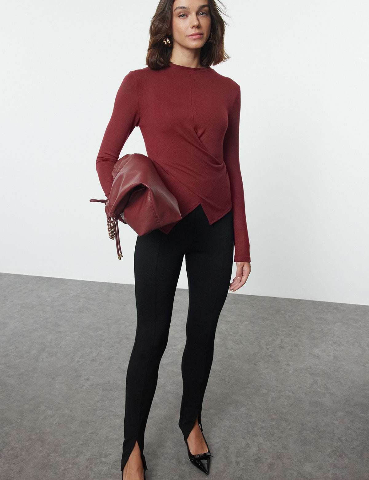 Asymmetric Twist-Front Long Sleeve Top - Burgundy Casual Chic Blouse