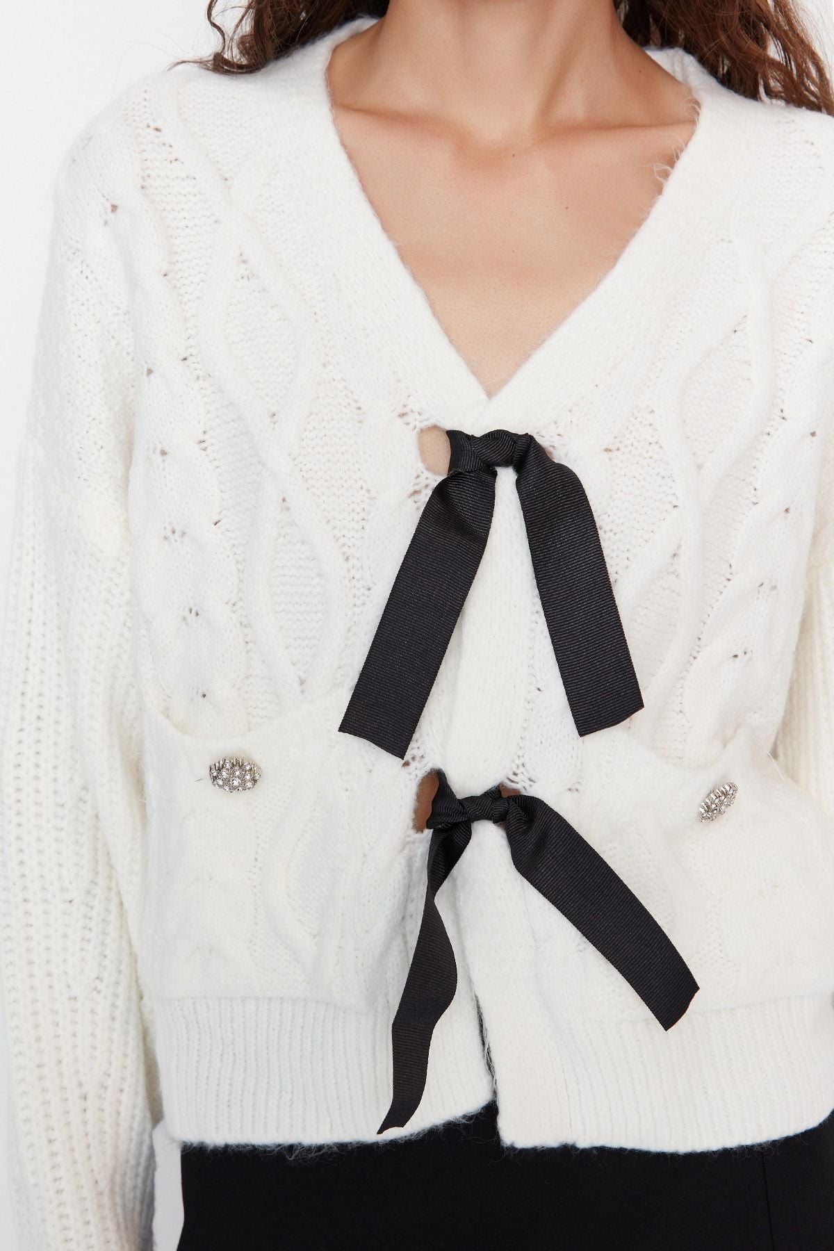 White Cable Knit Cardigan with Black Bow Tie Detail - Cozy Cropped Sweater