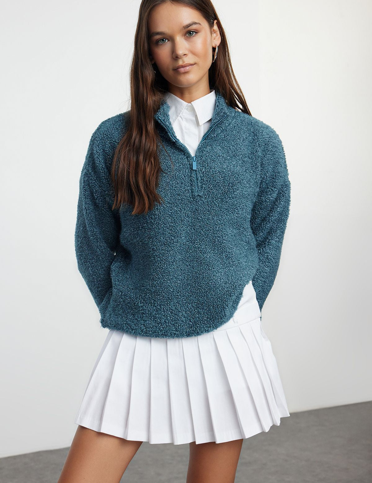 Women's Teal Half-Zip Fleece Sweater - Cozy and Stylish Pullover