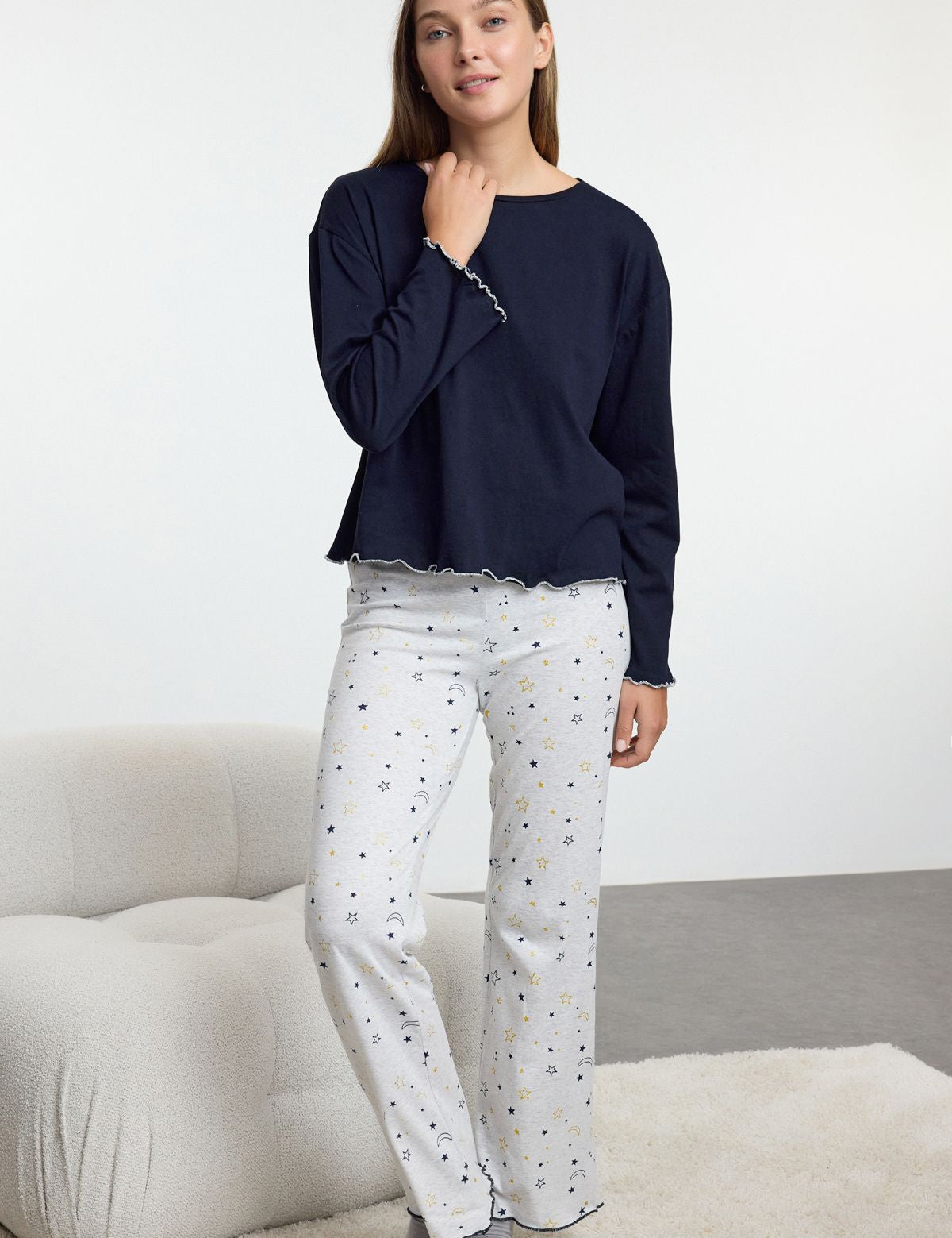 Women’s Celestial Pajama Set – Navy Long-Sleeve Top with Star-Print Pants