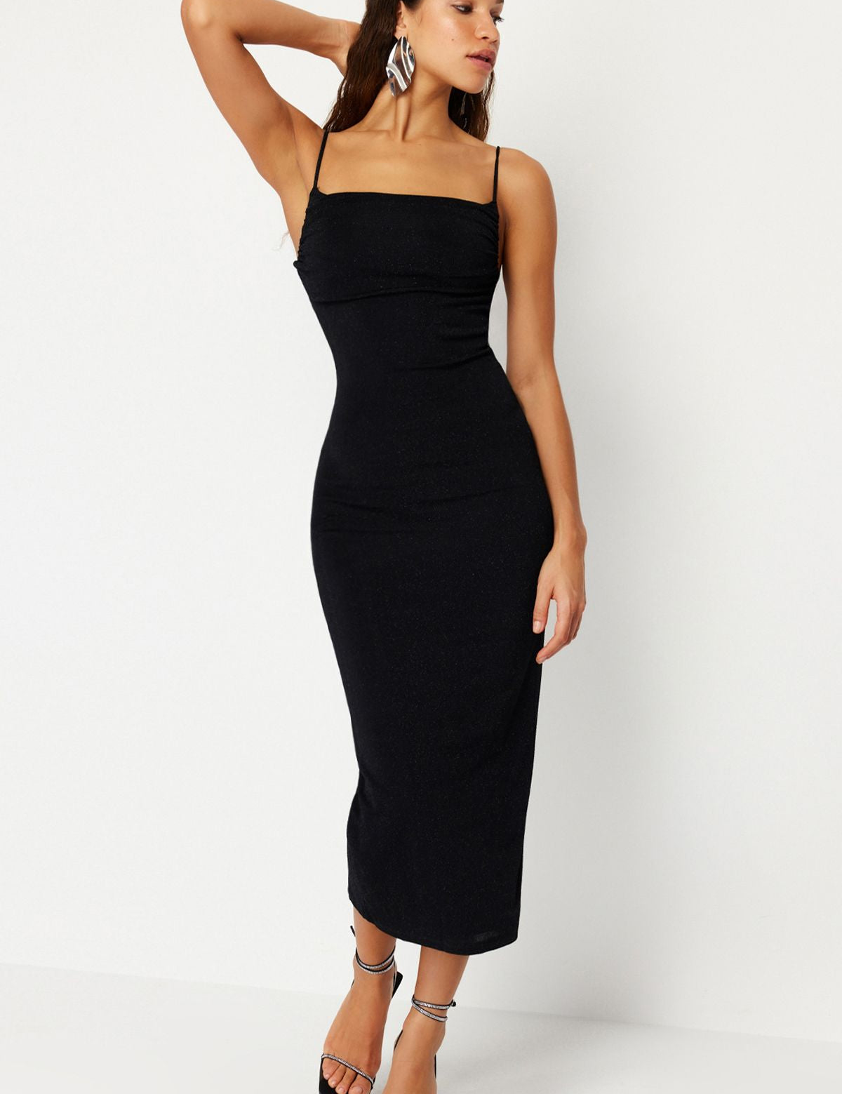 Black Strappy Midi Dress | Elegant Bodycon Evening Dress for Women