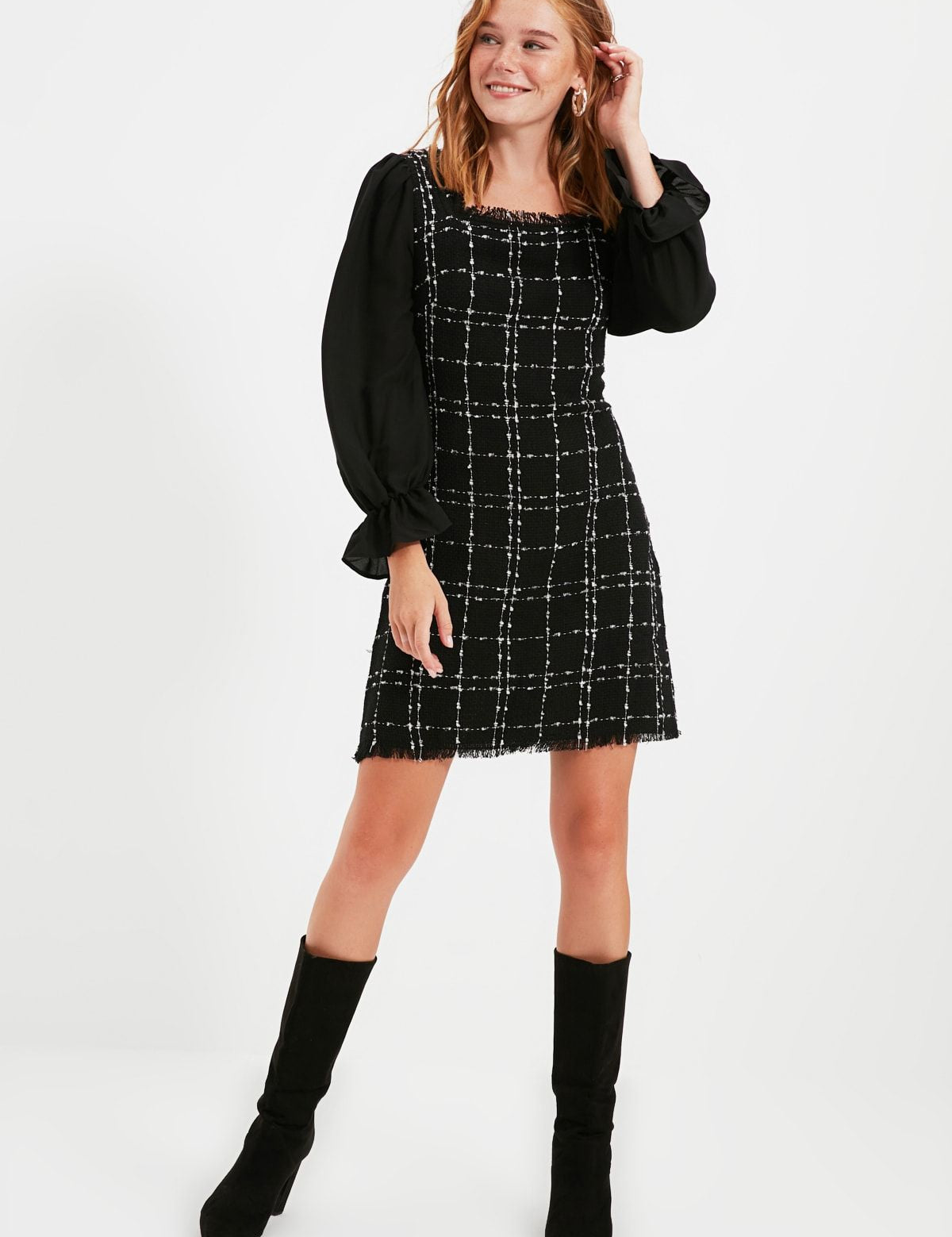 Chic Black Plaid Puff Sleeve Mini Dress