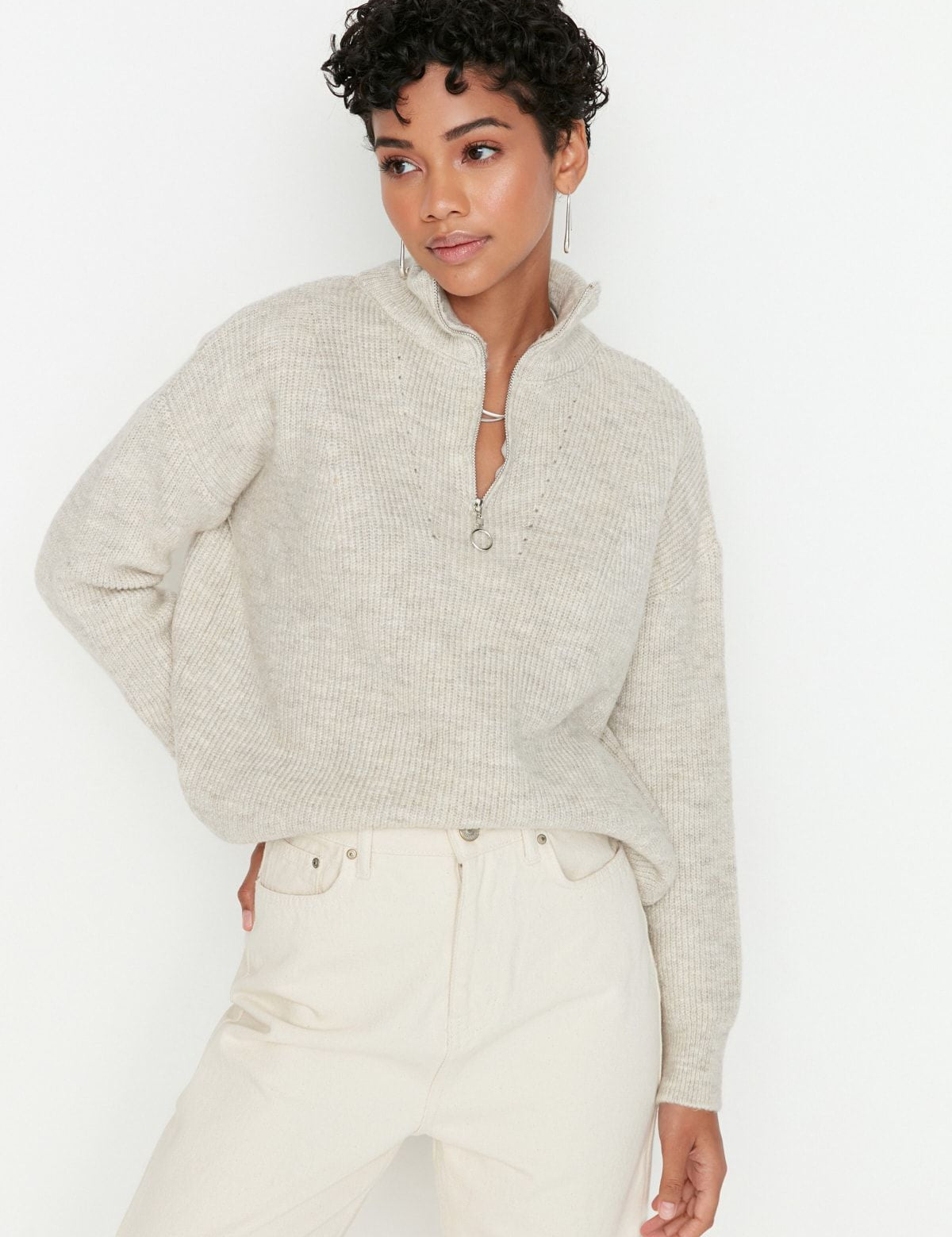 Women's Cozy Beige Quarter-Zip Knit Sweater with Ribbed Details