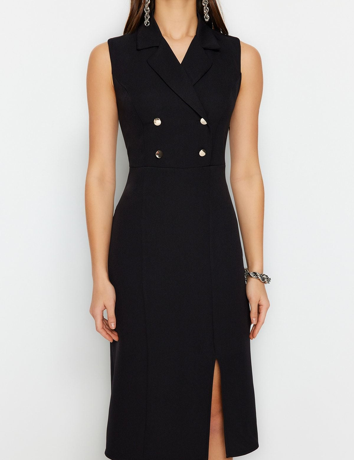 Elegant Black Double-Breasted Sleeveless Midi Dress