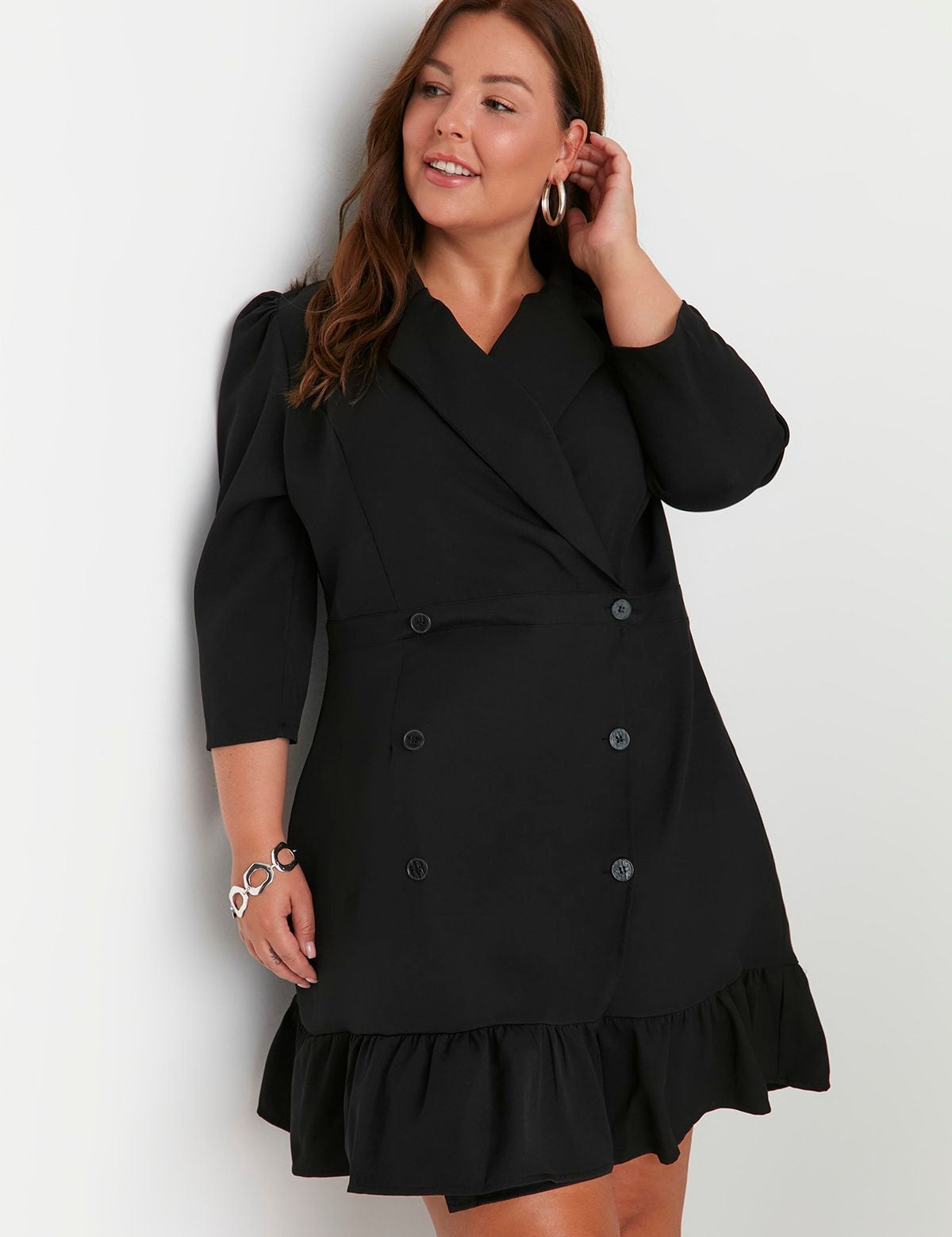 Women’s Plus Size Black Blazer Dress with Ruffle Hem – Elegant Double-Breasted Mini Dress