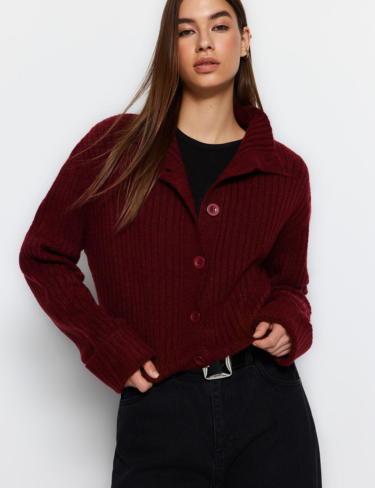 Chunky Ribbed Button-Up Cardigan - Burgundy High Neck Knit Sweater