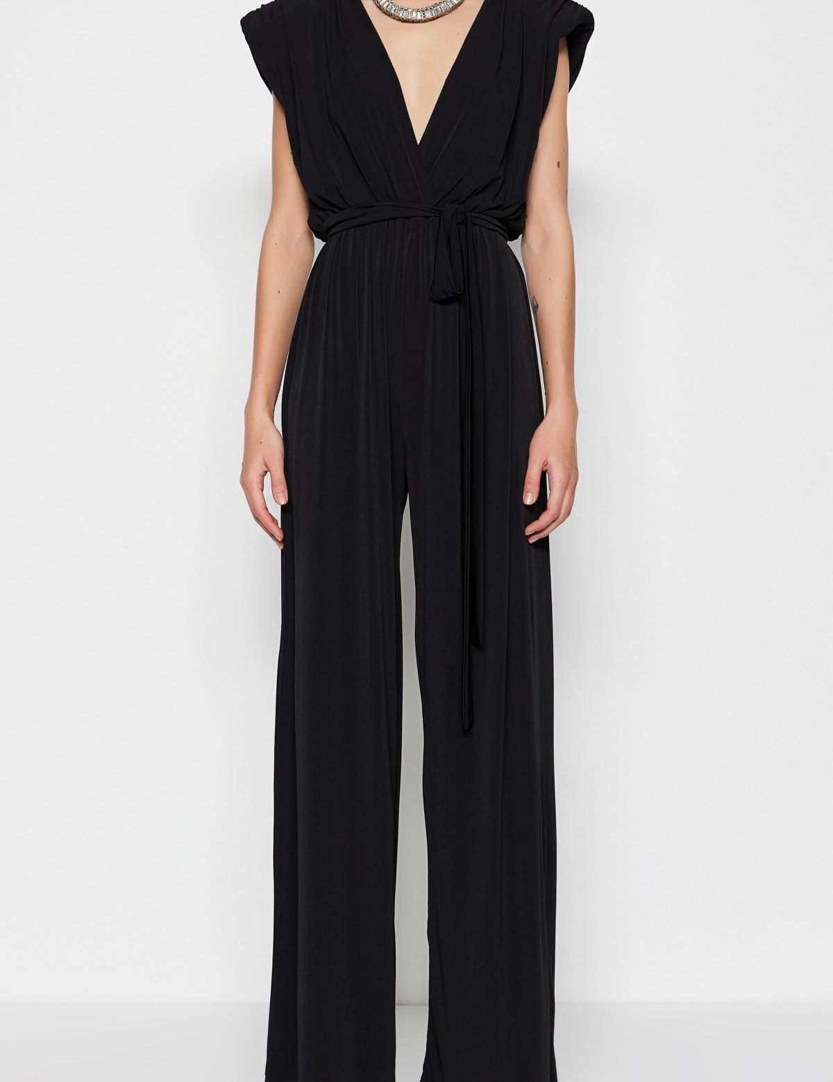 Elegant Black Wide-Leg Jumpsuit with Belted Waist - Women’s Sophisticated Evening Wear