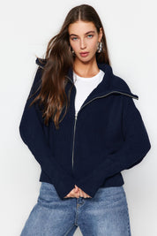 Cozy Navy Ribbed Knit Zip-Up Sweater - Perfect for Casual and Layered Looks