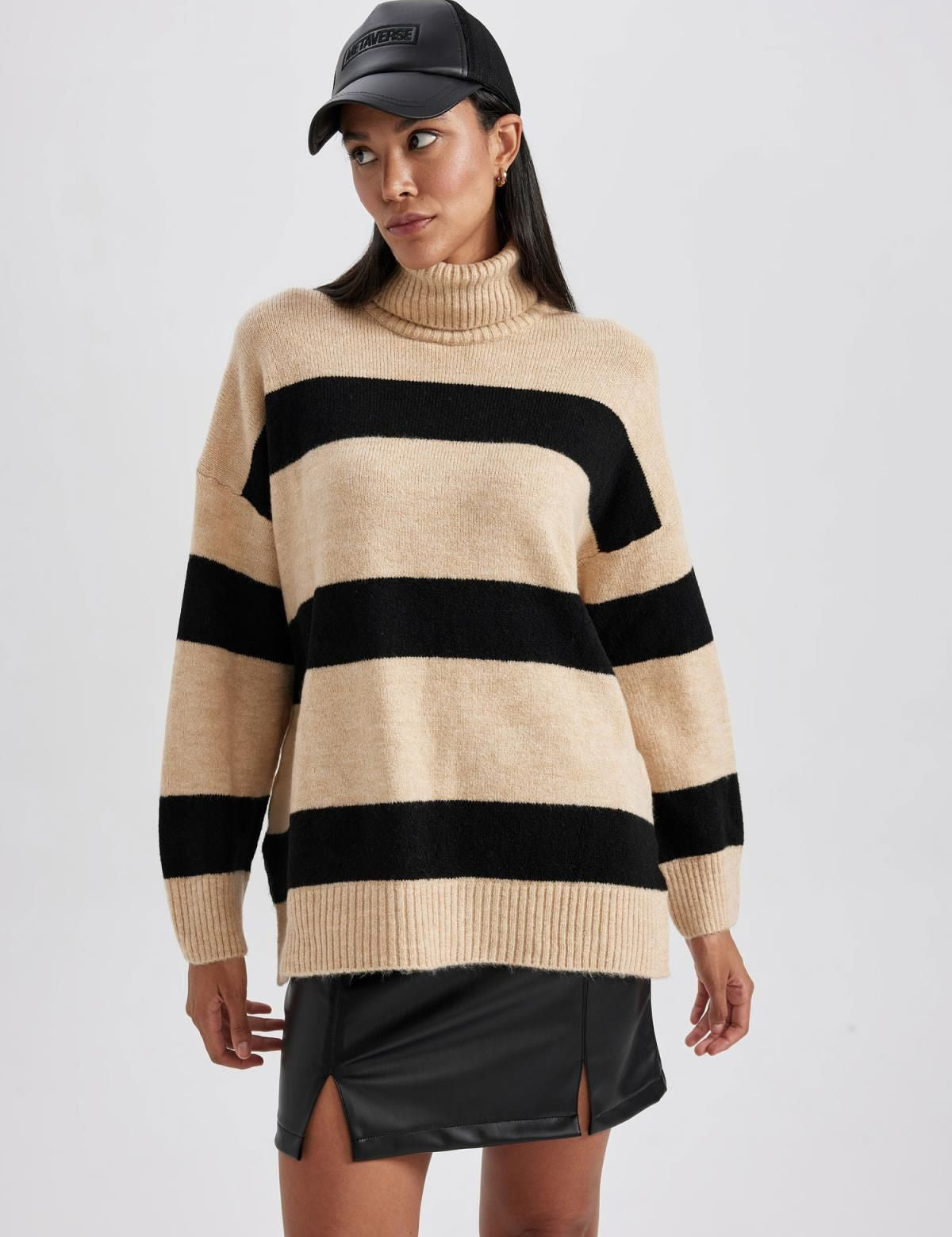 Cozy Striped Turtleneck Sweater - Beige and Black Knit Pullover