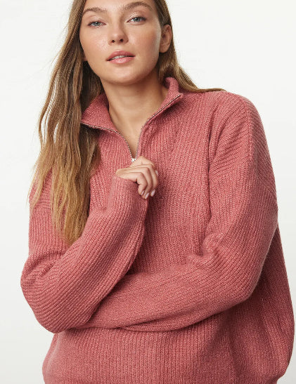 Women's Cozy Beige Quarter-Zip Knit Sweater with Ribbed Details