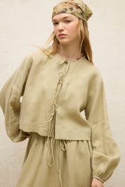 Mia Tie-Front Linen Blouse - Olive