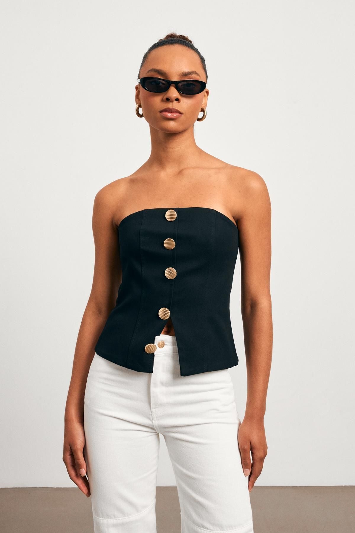 VIVIAN Strapless Button-Up Corset Top - Black