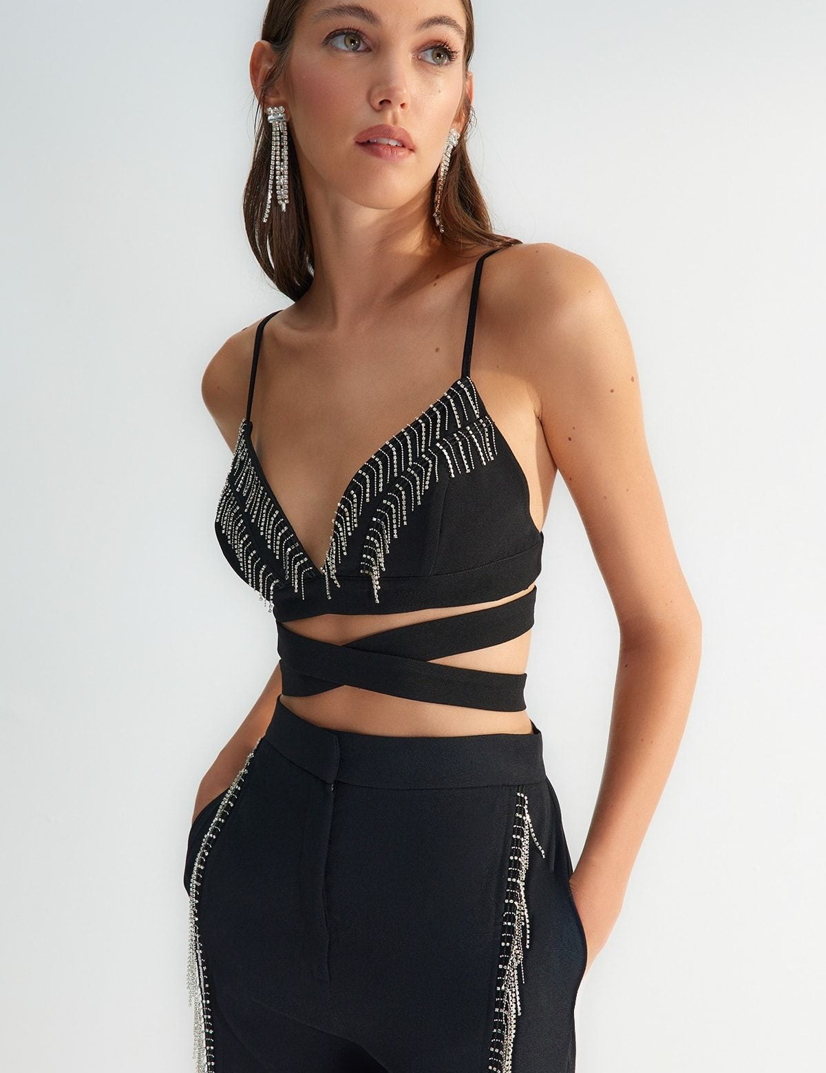 Black Embellished Crisscross Crop Top