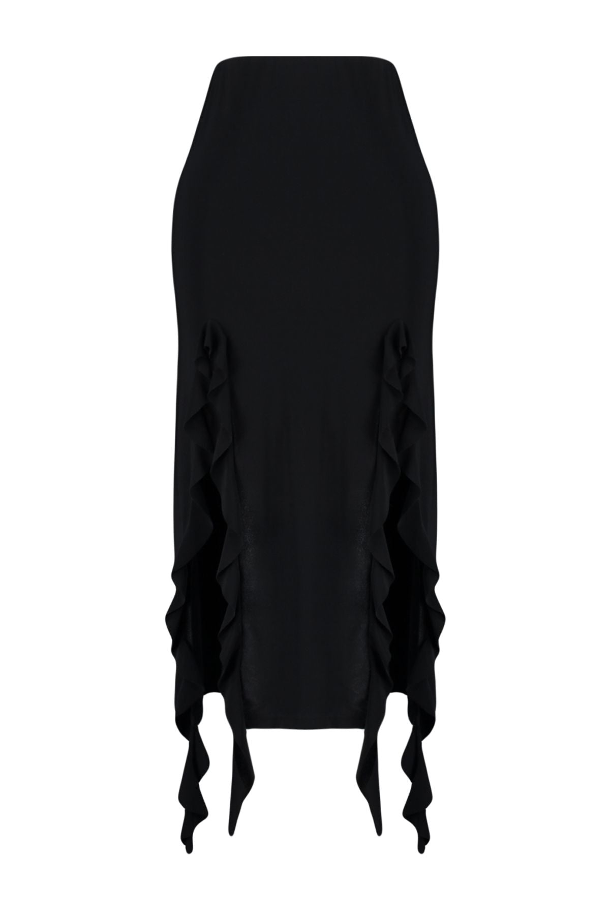 Rhea Ruffle Slit Midi Skirt - Black