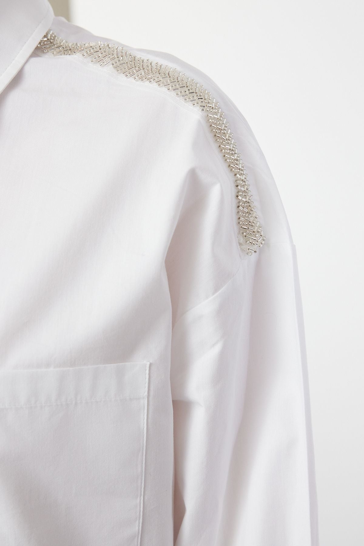 Women's White Button-Up Shirt with Embellished Shoulders