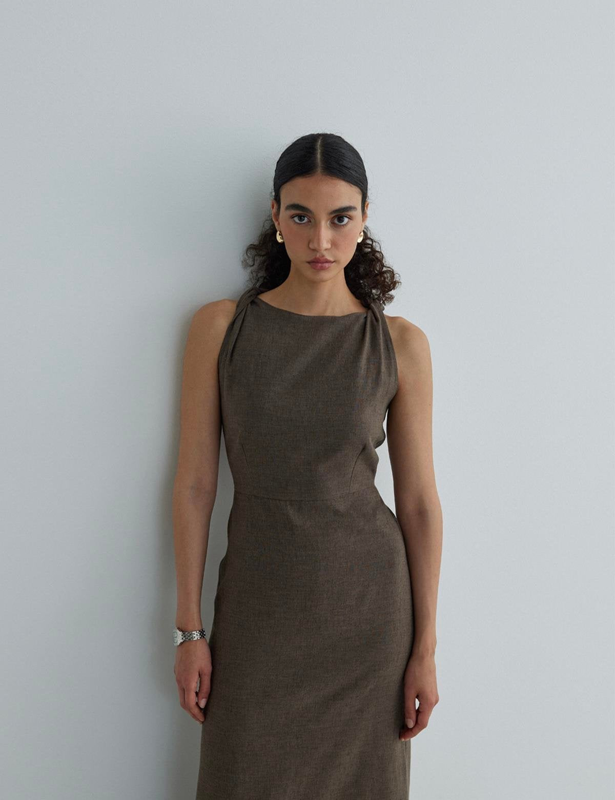 CAMILLE Sleeveless Linen Dress - Mocha