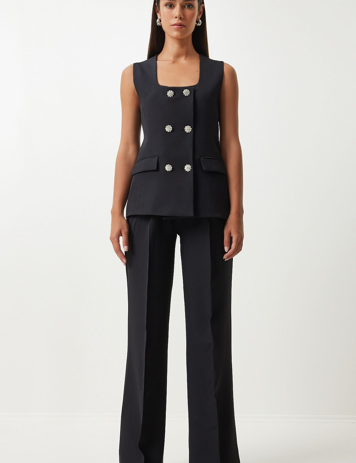 Elegant Black Double-Breasted Sleeveless Suit with Wide-Leg Trousers Set