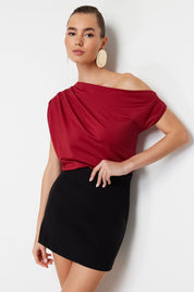 Shop the Elegant Off-Shoulder Red Top for a chic and modern look. With an asymmetrical neckline and vibrant red color, this top is perfect for any occasion. Comfortable and stylish, buy now enjoy free shipping!