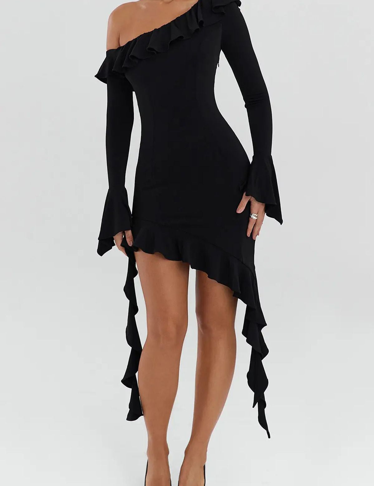 One-Shoulder Black Ruffle Dress