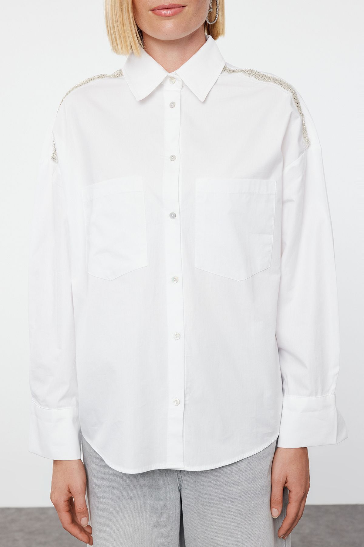 Women's White Button-Up Shirt with Embellished Shoulders