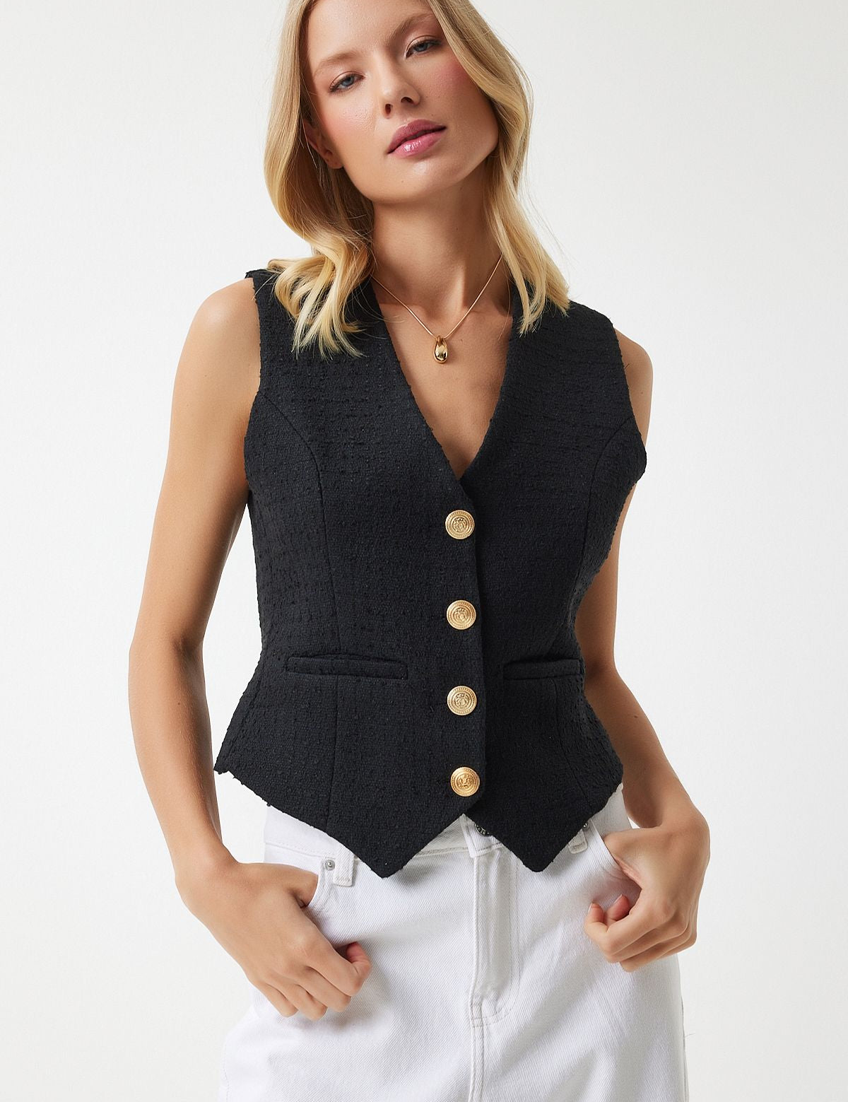 BLACK TWEED BUTTON-UP VEST