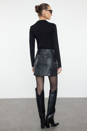 Sleek Black Faux Leather Snake Print Mini Skirt