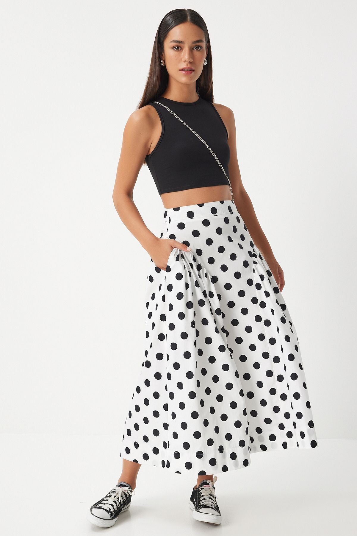 Polka Dot High-Waisted Midi Skirt - Chic and Playful