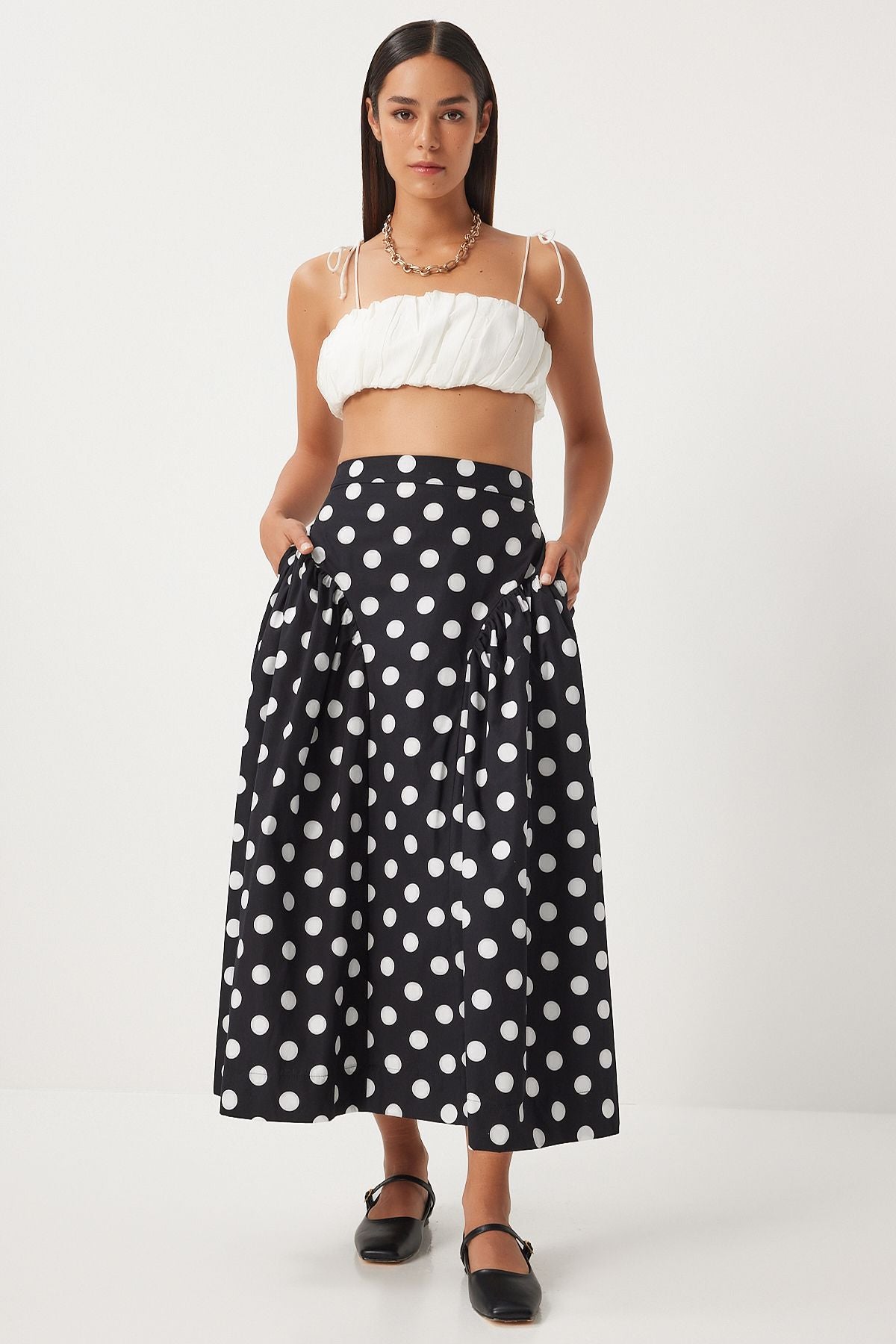 Polka Dot High-Waisted Midi Skirt - Chic and Playful