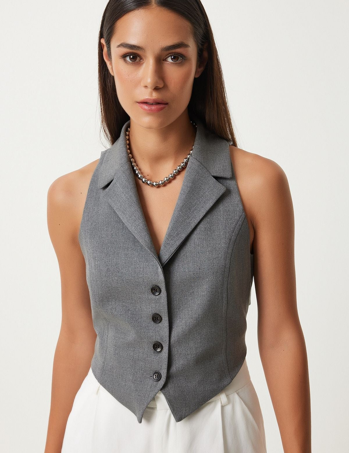 Elegant Grey Button-Down Vest with Lapels