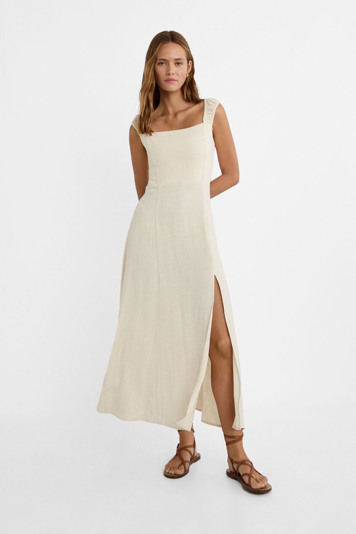 ADELIA Square Neck Split Midi Dress - Cream