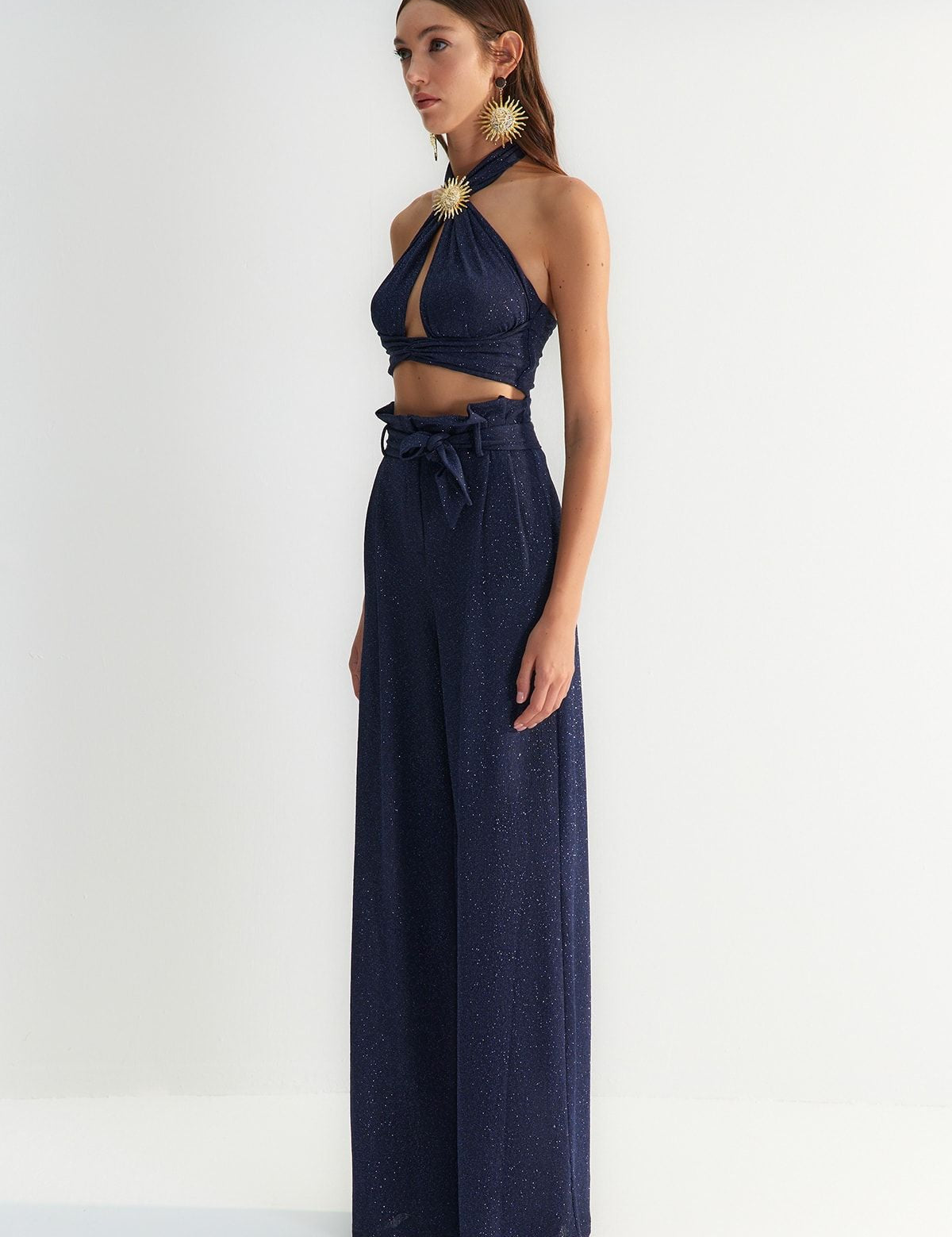 Navy Blue Halter Crop Top and Wide-Leg Trousers Set